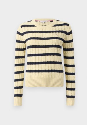 Knitted sweater in cream with navy horizontal stripes; features ribbed hems and a round neckline; textured cable-knit pattern.