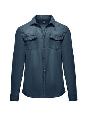 Camicia in denim scuro a manica lunga con bottone frontale, due tasche sul petto, colletto a punta e una leggera texture.