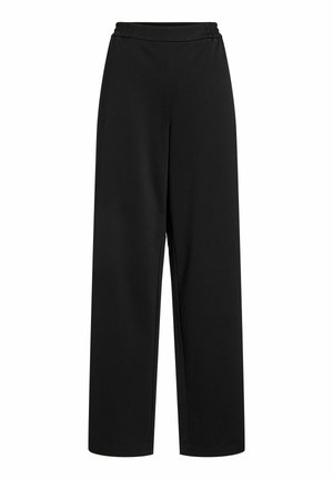 Pantalon noir à jambes larges avec ceinture élastique, sans motifs ni ornements visibles, présenté sur un fond blanc uni.