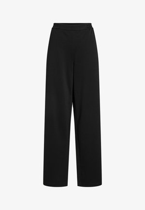 Pantalon noir à jambes larges avec ceinture élastique, sans motifs ni ornements visibles, présenté sur un fond blanc uni.