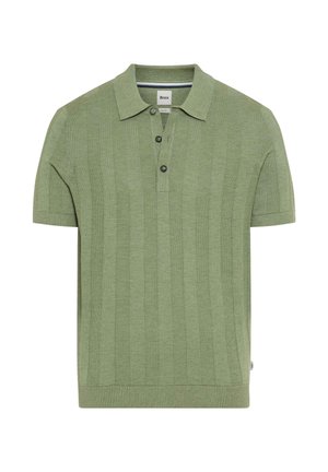 Polo verde a maniche corte in maglia con righe verticali testurizzate, abbottonatura con tre bottoni e polsini e orlo a coste.