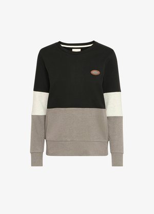 Värviblokkvärgiga pusakorv, kus on mustad, hallid ja valged osad, ümmarguse kaelusega ning rinnal väike logomärgis. Pehme puuvillane materjal.