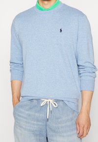 Hellblauer Pullover mit langen Ärmeln und gerippten Bündchen, mit kleinem dunklem Logo auf der linken Brust. Wird über einem grünen Hemd mit Kragen getragen.