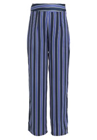 Pantalones de pierna ancha a rayas en navy con rayas verticales en blanco y azul claro; hechos de una tela ligera con una textura suave.