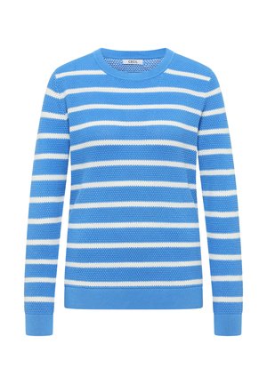 Blå stickad tröja med horisontella vita ränder, rund halsringning och långa ärmar med ribbade muddar och fåll.