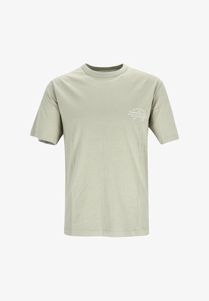 Light gray crew neck short-sleeve T-shirt with small white text logo on the left chest.