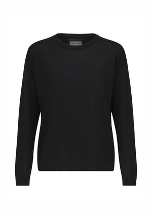 Musta pika varrukatega sviiter, mis on valmistatud pehmest kootud materjalist, featuring ümmargune kaelus ja soonikust mansetid, lihtsa ja kaunistamata disainiga.