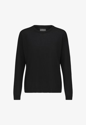 Musta pika varrukatega sviiter, mis on valmistatud pehmest kootud materjalist, featuring ümmargune kaelus ja soonikust mansetid, lihtsa ja kaunistamata disainiga.