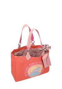 Korallenfarbene Stofftasche mit pinken Trägern, gestreiftem Innenfutter und einem grafischen Druck mit einer Sonne und Text. Enthält einen passenden Schlüsselanhänger.