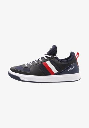 Navy and black athletic shoe with white and red stripes, mesh upper, rubber sole, and padded collar. Features "POLO" logo on the side.