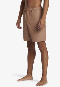 Plavky v svetlohnedej farbe, vyrobené z hladkého, ľahkého materiálu. Disponujú elastickým pásom a priamym strihom.