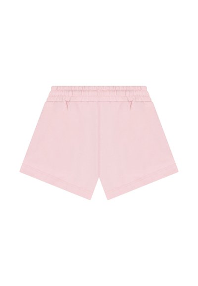 Pantalones cortos con cintura elástica rosa claro, diseño liso, longitud corta, tela suave, sin patrones ni decoraciones visibles.