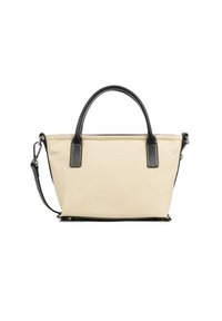 Borsa a mano in tela beige con dettagli in pelle nera, doppi manici superiori, tracolla removibile e cuciture a contrasto.