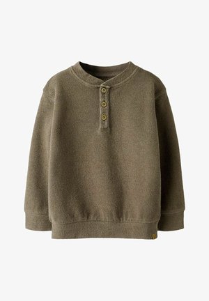 Maglione marrone a maniche lunghe in maglia, con scollo rotondo e patta con tre bottoni sul davanti, polsini e orlo a coste.