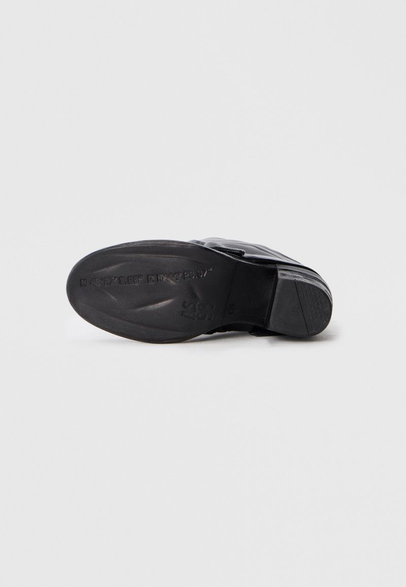 Suola di scarpa in pelle nera con superficie liscia, leggero motivo di battistrada e dettagli di marchio in rilievo. Modellata per una vestibilità sicura con una minima elevazione.