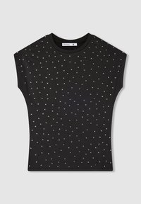 Czarny t-shirt z krótkim rękawem o szerokim kroju, z wzorem srebrnych ćwieków równomiernie rozmieszczonych po tkaninie. Miękki, elastyczny materiał.