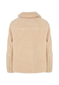 Veste en polaire sherpa beige avec manches longues et col rabattable, vue de dos sur fond blanc.