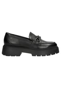 Zwarte leren loafers met een stevige rubberen zool, voorzien van een decoratieve kettingaccent aan de voorkant en een gladde afwerking.