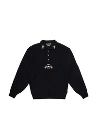 Maglione nero con colletto, quattro bottoni, rose ricamate sul colletto e una grafica centrale con il nome del marchio.