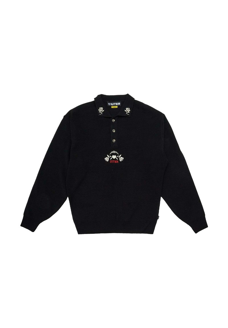 Maglione nero con colletto, quattro bottoni, rose ricamate sul colletto e una grafica centrale con il nome del marchio.