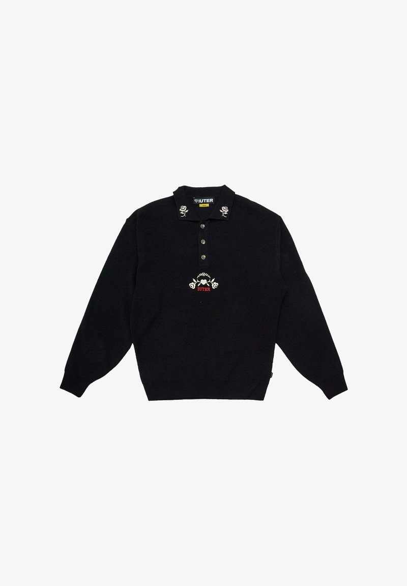 Maglione nero con colletto, quattro bottoni, rose ricamate sul colletto e una grafica centrale con il nome del marchio.