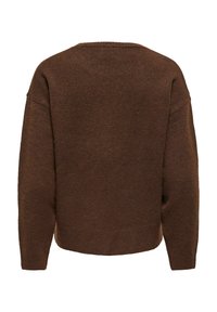 Pull marron en maille à manches longues avec encolure ronde et poignets et ourlet côtelés, vu de dos sur fond blanc.