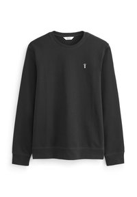 Svart crewneck sweatshirt i mjukt tyg, med en liten grå hummerlogotyp på bröstet och ribbade ärmslut och nederkant.