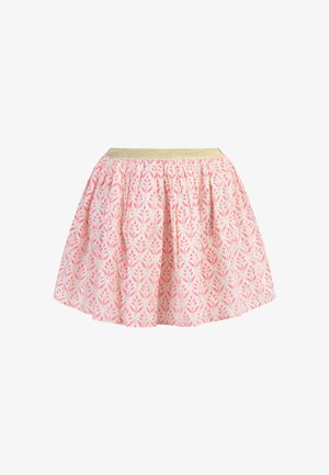 Rózsaszín mintás szoknya arany elasztikus derékkal. Ráncolt dizájn és levél alakú nyomtatás jellemzi. Könnyű anyag, bővülő forma.