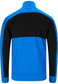 Blå och svart atletisk jacka med hög krage, färgblockdesign, slät textur och långa ärmar med kontrasterande detaljer.