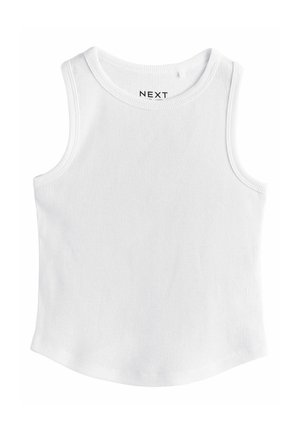 Bela brezrokavna majica iz reberastega materiala, z okroglim izrezom in ukrivljenim robom. Blagovna znamka "NEXT" na notranji ovratnici.