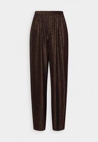 Brown high-waist pants with elastic waistband and a textured zigzag pattern on a straight-leg cut against a white background.