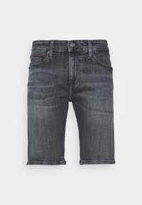 Shorts in denim grigio scuro con taglio dritto, design a cinque tasche, chiusura con bottone metallico e leggera sbiaditura sulle cosce. Orlo sfilacciato alle estremità delle gambe.