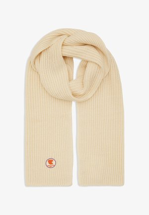 Scarf a coste di colore crema realizzata in morbido materiale lavorato a maglia, con un patch circolare del logo in viola e arancione vicino a un'estremità.