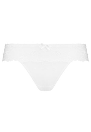 Tanga de encaje en blanco con un delicado patrón floral, que cuenta con una suave cinturilla y un pequeño lazo central en la parte delantera.