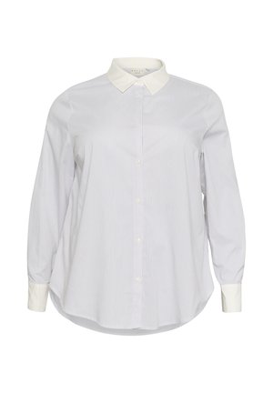 Camicia bianca con righe verticali azzurro chiaro, colletto classico, maniche lunghe e chiusura con bottoni davanti. I polsini sono completamente bianchi.