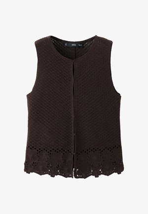 Gilet senza maniche marrone scuro lavorato a maglia con scollo rotondo e bordo in pizzo floreale lungo l’orlo, aperto sul davanti senza chiusure visibili.
