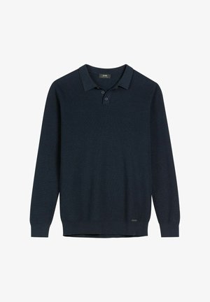 Granatowy, długi rękaw, dzianinowy polo z kołnierzykiem i dwoma guzikami, z prążkowanymi mankietami i dołem, przedstawiony na białym tle.
