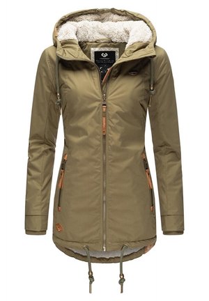 Naisten oliivinvihreä hupullinen parka, jossa pehmeä fleecvuori, etuvetoketju, vetoketjulliset taskut ja säädettävät kiristysnauhat helmassa ja hupussa.