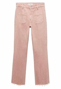 Pantalones de mezclilla rosa claro con un diseño de pierna recta, que presentan dos bolsillos traseros y dobladillos deshilachados. Fabricados con una tela suave y texturada.
