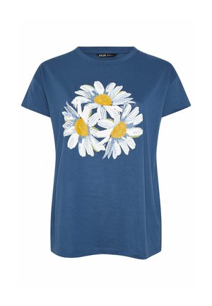 Blå T-shirt med korte ærmer og tre store hvide mælkebøtter med gule centre printet på forsiden.