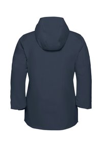 Marineblaue wasserdichte Jacke mit Kapuze, langen Ärmeln und geradem Schnitt. Glatte Textur ohne sichtbare Muster oder Hardwaredetails.