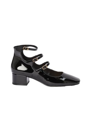 Chaussure Mary Jane en cuir verni noir avec bout carré, trois brides réglables et un talon épais. Finition lisse et brillante.