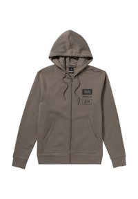 Grijze zip-up hoodie van zachte stof, met een capuchon met trekkoord, voorzakken en zwarte bedrukte accenten. Eenvoudig, ontspannen ontwerp.