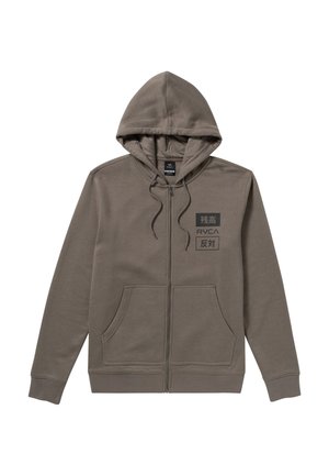 Grau melierte Zip-Hoodie aus weichem Material mit einer Kapuze mit Kordelzug, Fronttaschen und schwarzen Druckakzenten. Einfaches, lockeres Design.
