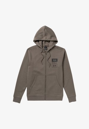 Grijze zip-up hoodie van zachte stof, met een capuchon met trekkoord, voorzakken en zwarte bedrukte accenten. Eenvoudig, ontspannen ontwerp.