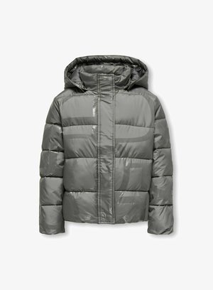 Kerge hall värvi puskarjackett, millel on läikiv viimistlus, kapuuts, horisontaalne tikandikujundus ja keskne tõmblukk.