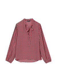 Blusa a maniche lunghe con un motivo geometrico in rosso, rosa e nero. Presenta un colletto con dettaglio a fiocco e polsini elasticizzati.