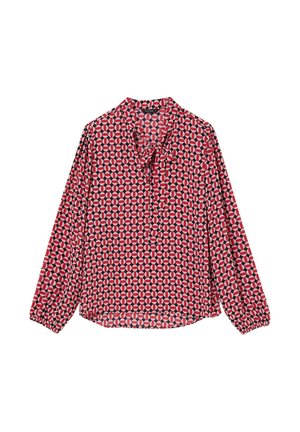Blusa a maniche lunghe con un motivo geometrico in rosso, rosa e nero. Presenta un colletto con dettaglio a fiocco e polsini elasticizzati.