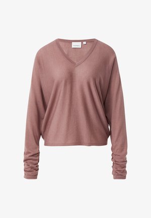V-neck long-sleeve top in muted rose, made of soft fabric. Features gathered detail on sleeves and a relaxed fit. Tag visible at the collar.