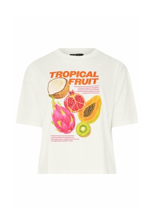 Chemise blanche à manches courtes avec des illustrations colorées de noix de coco, grenade, papaye, fruit du dragon et kiwi, intitulée "Fruit Tropical" en texte orange.